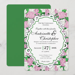 Pink & White Rose Wedding Invite - Green Border