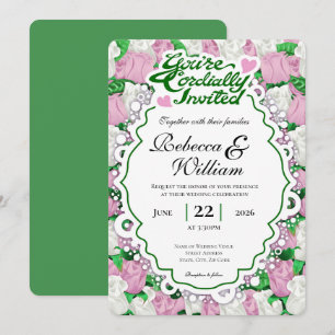 Pink & White Rose Wedding Invite - Green Letters 2