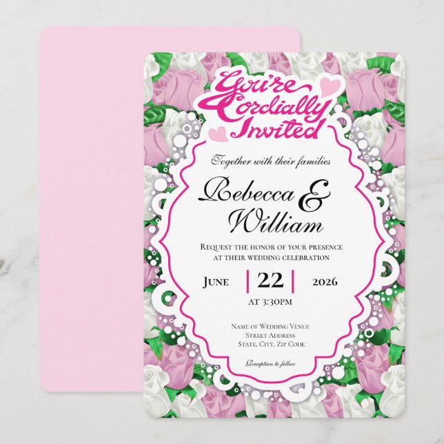 Pink & White Rose Wedding Invite - Pink Letters 2 (Front/Back)