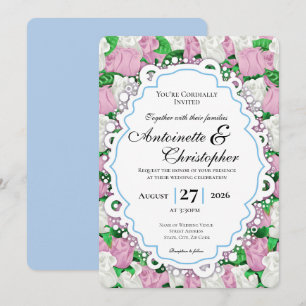 Pink & White Rose Wedding Invite with Blue Border