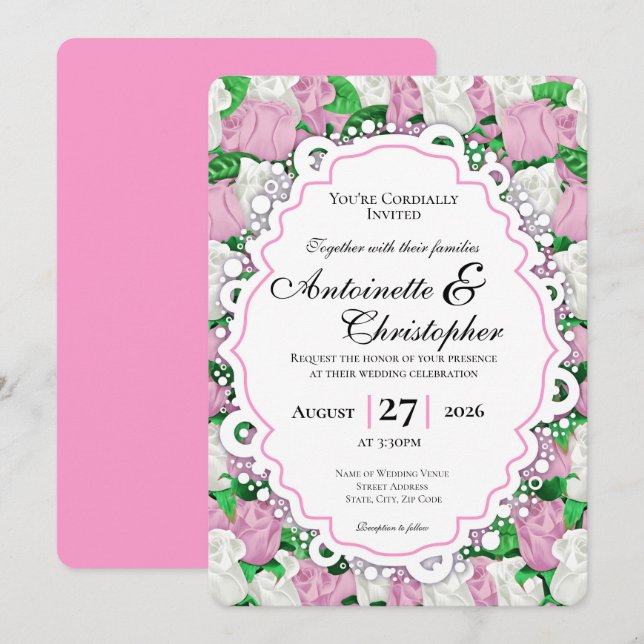 Pink & White Rose Wedding Invite with Pink Border (Front/Back)