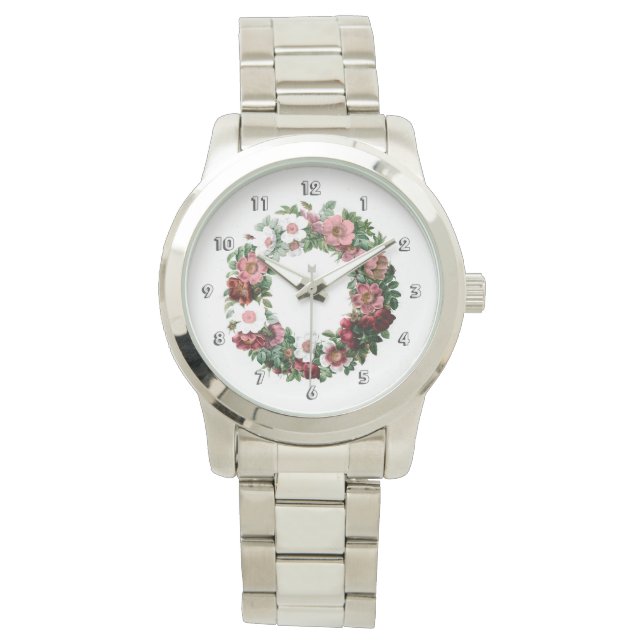 Pink & White Rose Wreath Watch (Front)