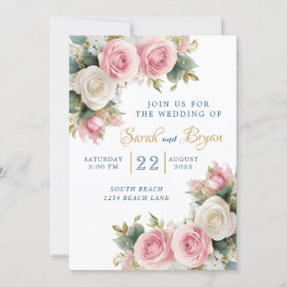 Pink White Roses Babies Breath Wedding Invitation