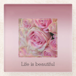 Pink White Roses Beautiful Moments Glass Coaster