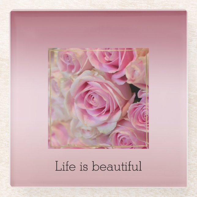 Pink White Roses Beautiful Moments   Glass Coaster (Front)