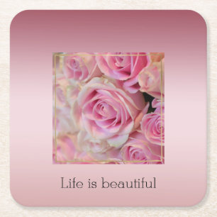Pink White Roses Beautiful Moments Square Paper Coaster