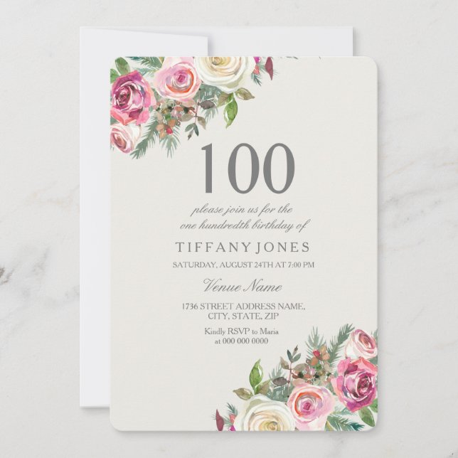 Pink & White Roses Floral 100th Birthday Invite (Front)