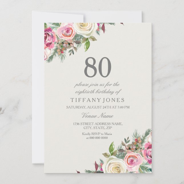 Pink & White Roses Floral 80th Birthday Invite (Front)
