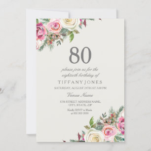 Pink & White Roses Floral 80th Birthday Invite