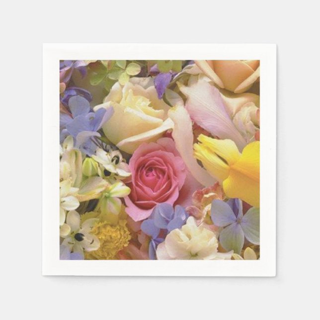 Pink, White Roses, Purple, Yellow Irises flowers Napkin (Front)