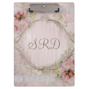 Pink & White Roses Victorian lace gold frame Clipboard