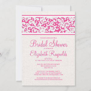 Pink White Rustic Linen Bridal Shower Invitations