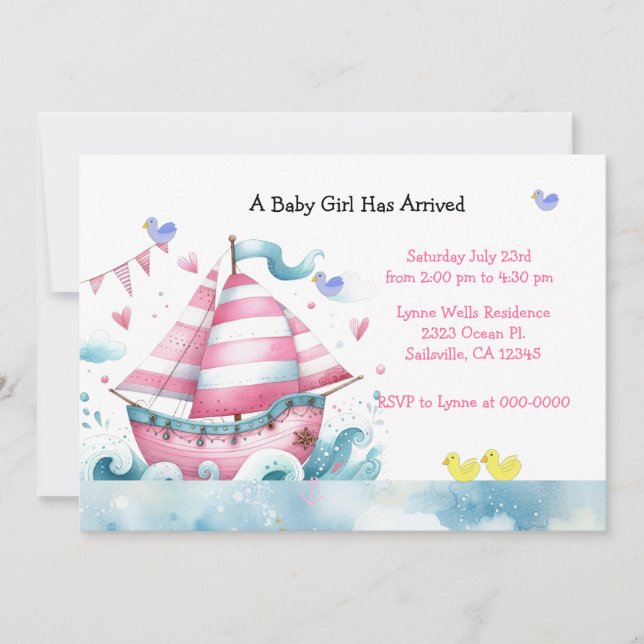 Pink White Sailboat Baby Girl Shower Invitation (Front)