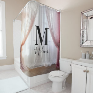 Pink White Silk Black Monogram Cute Script Wedding Shower Curtain