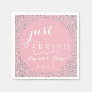 Pink White Silver Confetti Wedding Just Married Napkin