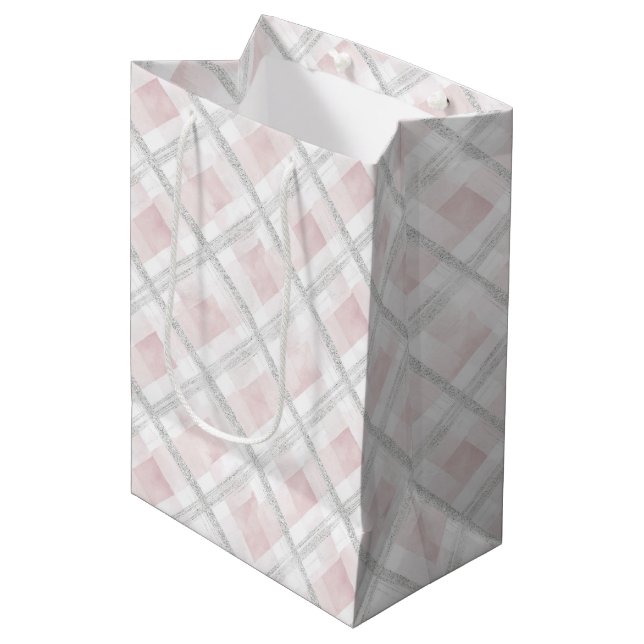 Pink White Silver Glitter Squares Birthday Medium Gift Bag (Front Angled)