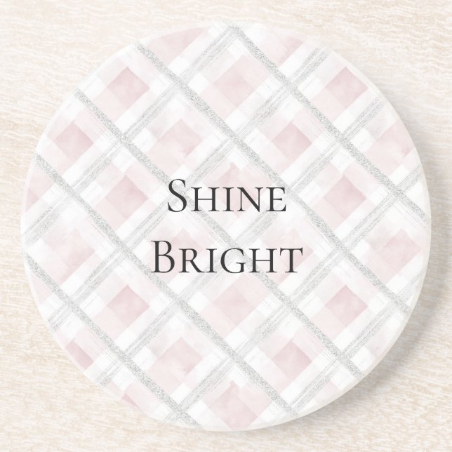 Pink White Silver Glitter Squares Coaster (Front)