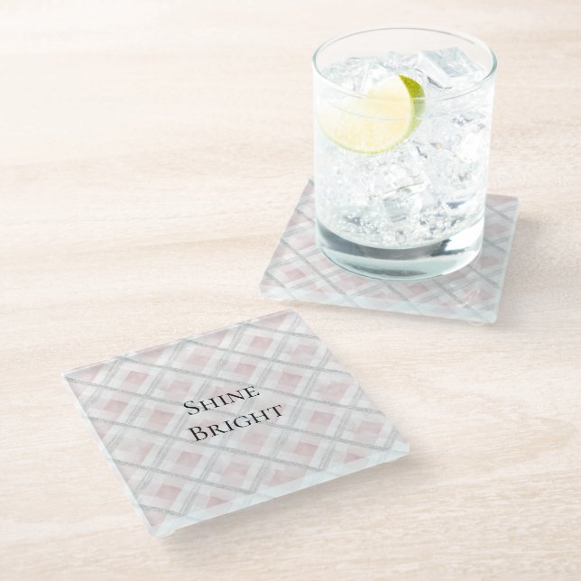 Pink White Silver Glitter Squares Glass Coaster (Angled)