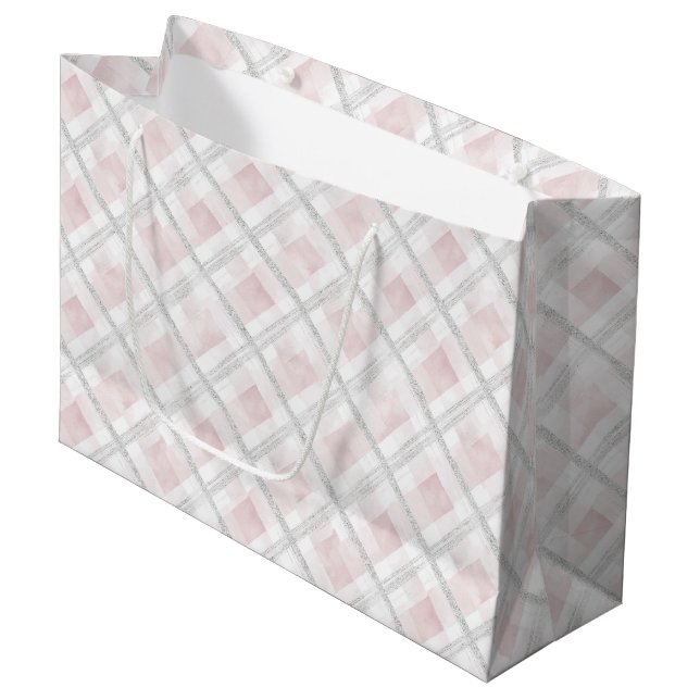 Pink White Silver Glitter Squares Wedding Large Gift Bag (Front Angled)