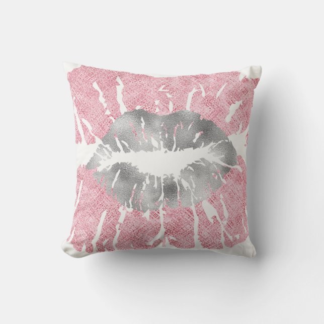 Pink White Silver Grey Glitter Kiss Lips Makeup Cushion (Front)