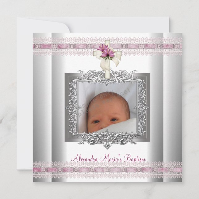 Pink White Silver Photo Cross Baptism Christening Invitation (Front)