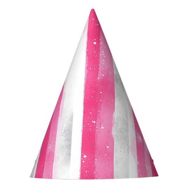 Pink White Silver Stripes Birthday Party Hat (Front)