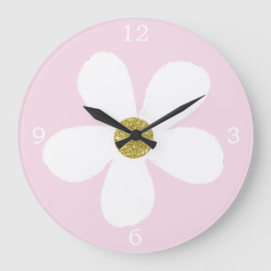 Pink White Simple Daisy Gold Large Clock