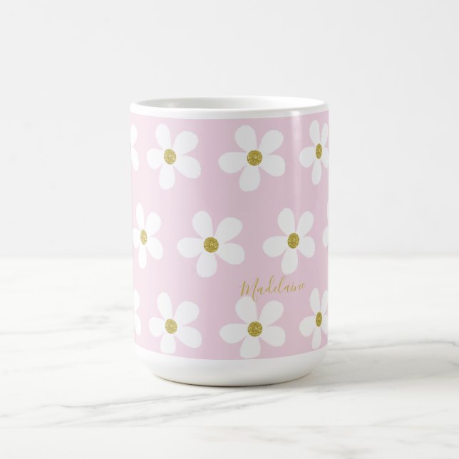 Pink White Simple Daisy Gold Personal Coffee Mug (Center)