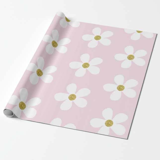 Pink White Simple Daisy Gold Wrapping Paper (Unrolled)