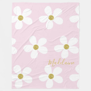 Pink White Simple Daisy Pattern Gold Personal Fleece Blanket