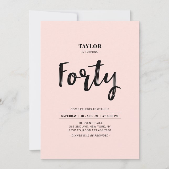 Pink & White Simple  Forty 40th Birthday Party Invitation (Front)