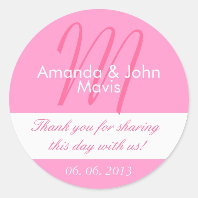 Pink White Simple Initial Wedding Favour Thank You Classic Round Sticker (Front)