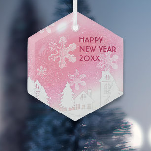 Pink White Snow House Happy New Year Glass Tree Decoration