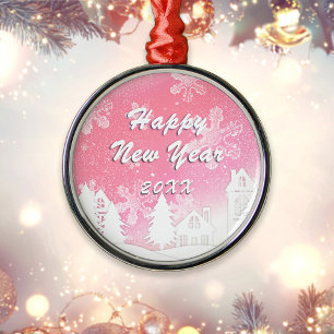 Pink White Snow House Happy New Year Metal Tree Decoration
