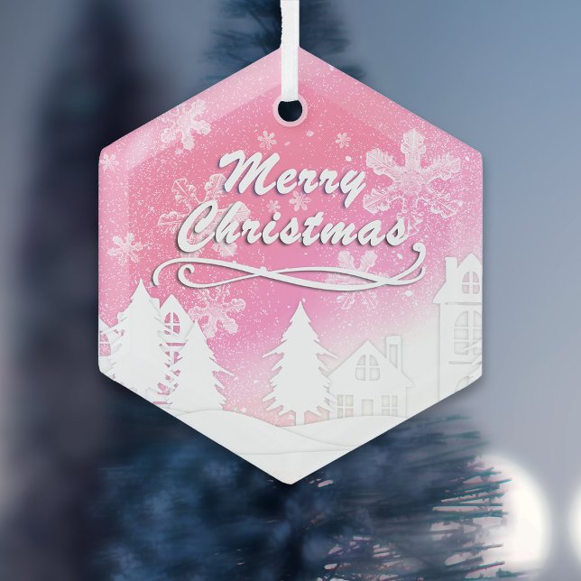 Pink White Snow House Merry Christmas  Glass Tree Decoration (Creator Uploaded)