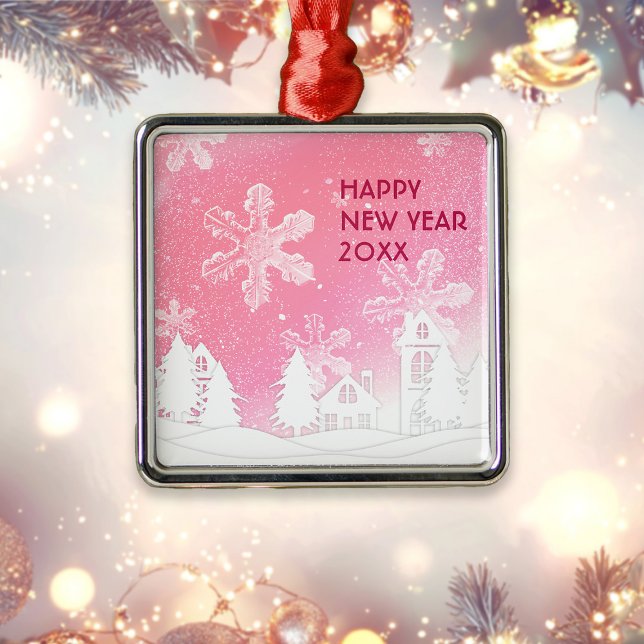 Pink White Snow House Merry Christmas  Metal Tree Decoration (Creator Uploaded)