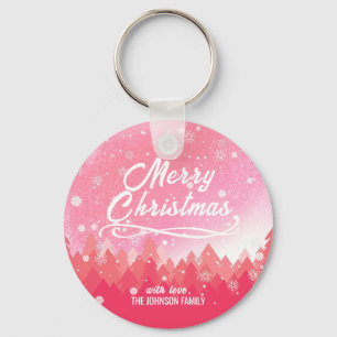 Pink White Snow Peaceful Forest Merry Christmas Key Ring