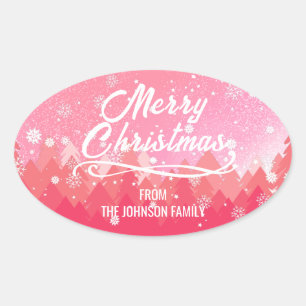 Pink White Snow Peaceful Forest Merry Christmas Oval Sticker