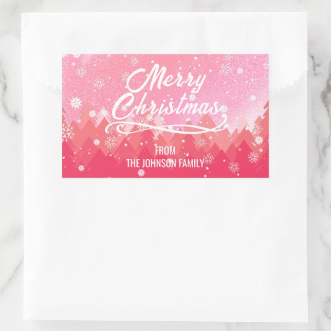Pink White Snow Peaceful Forest Merry Christmas Rectangular Sticker (Bag)