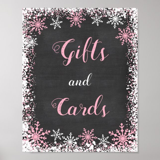 Pink White Snowflake Baby Shower Gift Table Sign (Front)