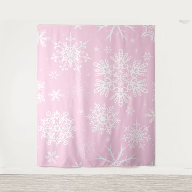 Pink white Snowflake pattern Christmas backdrop Tapestry (Front)