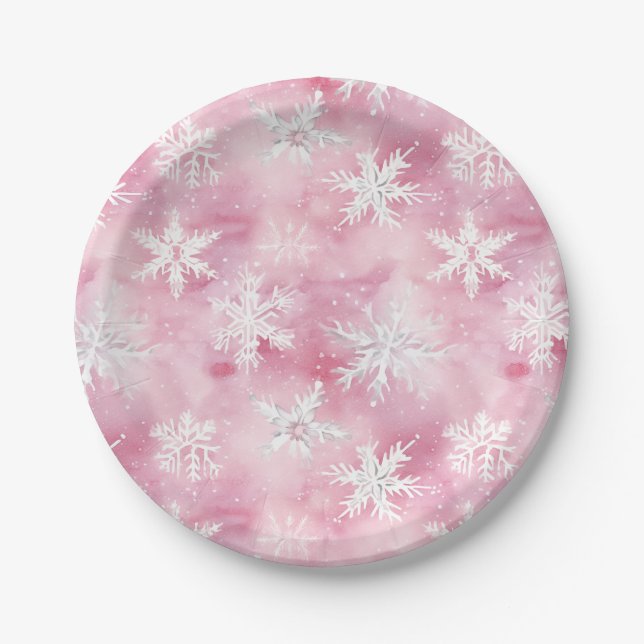Pink White Snowflake Watercolor Pattern Girly  Paper Plate (Front)