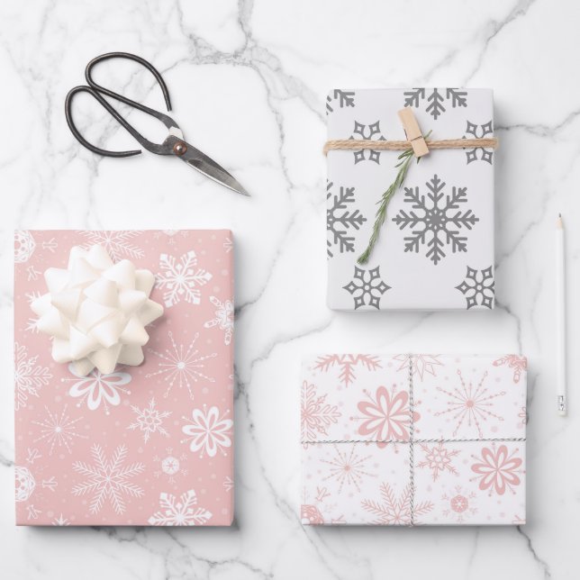 Pink & White Snowflake Wrapping Paper (Front)