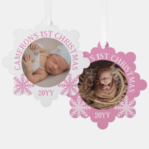 Pink White Snowflakes Baby's 1st Christmas Tree Decoration Card