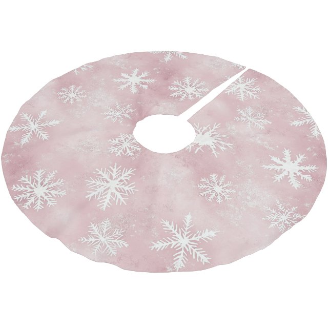 Pink White Snowflakes Christmas Brushed Polyester Tree Skirt (Angled)