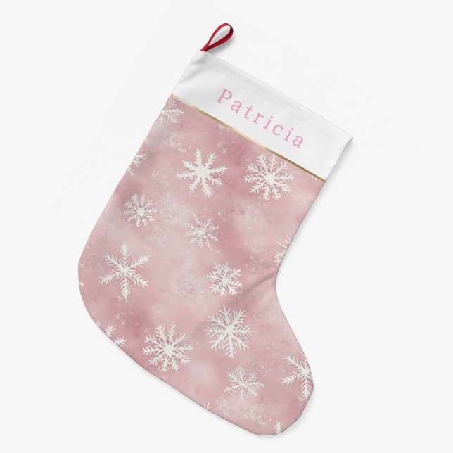 Pink White Snowflakes Christmas Large Christmas Stocking (Front (Hanging))