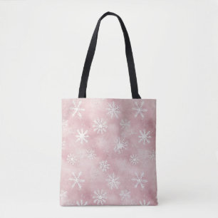 Pink White Snowflakes Christmas Tote Bag