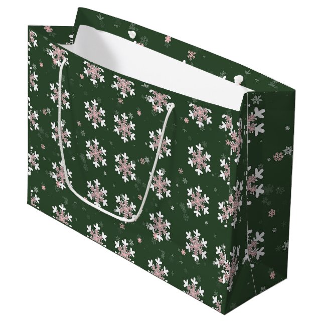 Pink White Snowflakes Green   Large Gift Bag (Front Angled)