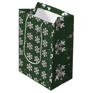 Pink White Snowflakes Green   Medium Gift Bag