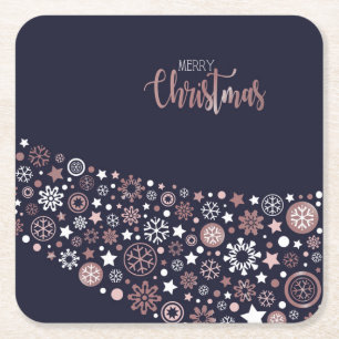Pink white snowflakes in blue bakcground  square paper coaster